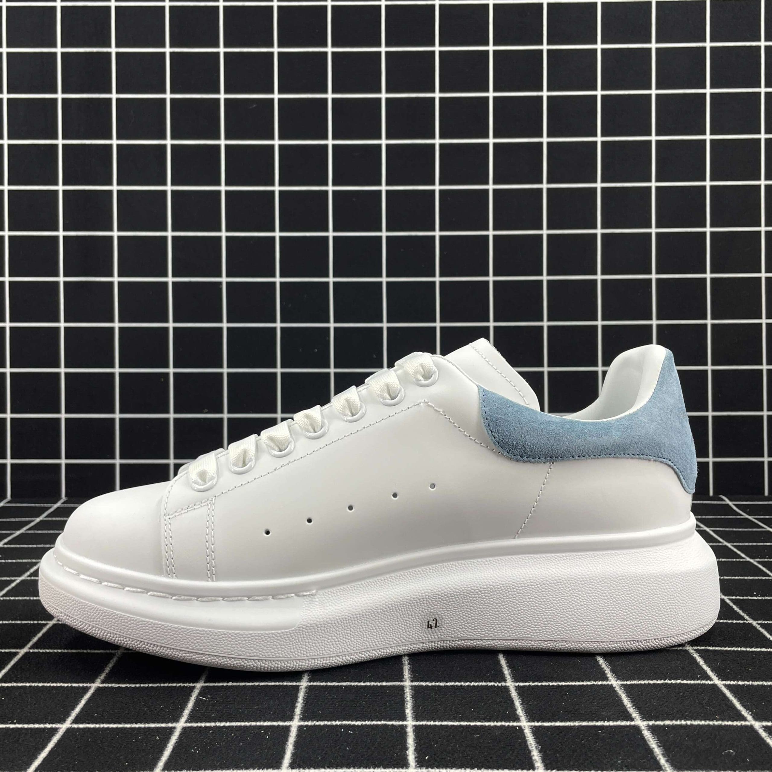 Alexander McQueen Oversized Sneaker White Smooth Calf Leather with Dream Blue Suede Heel Replica