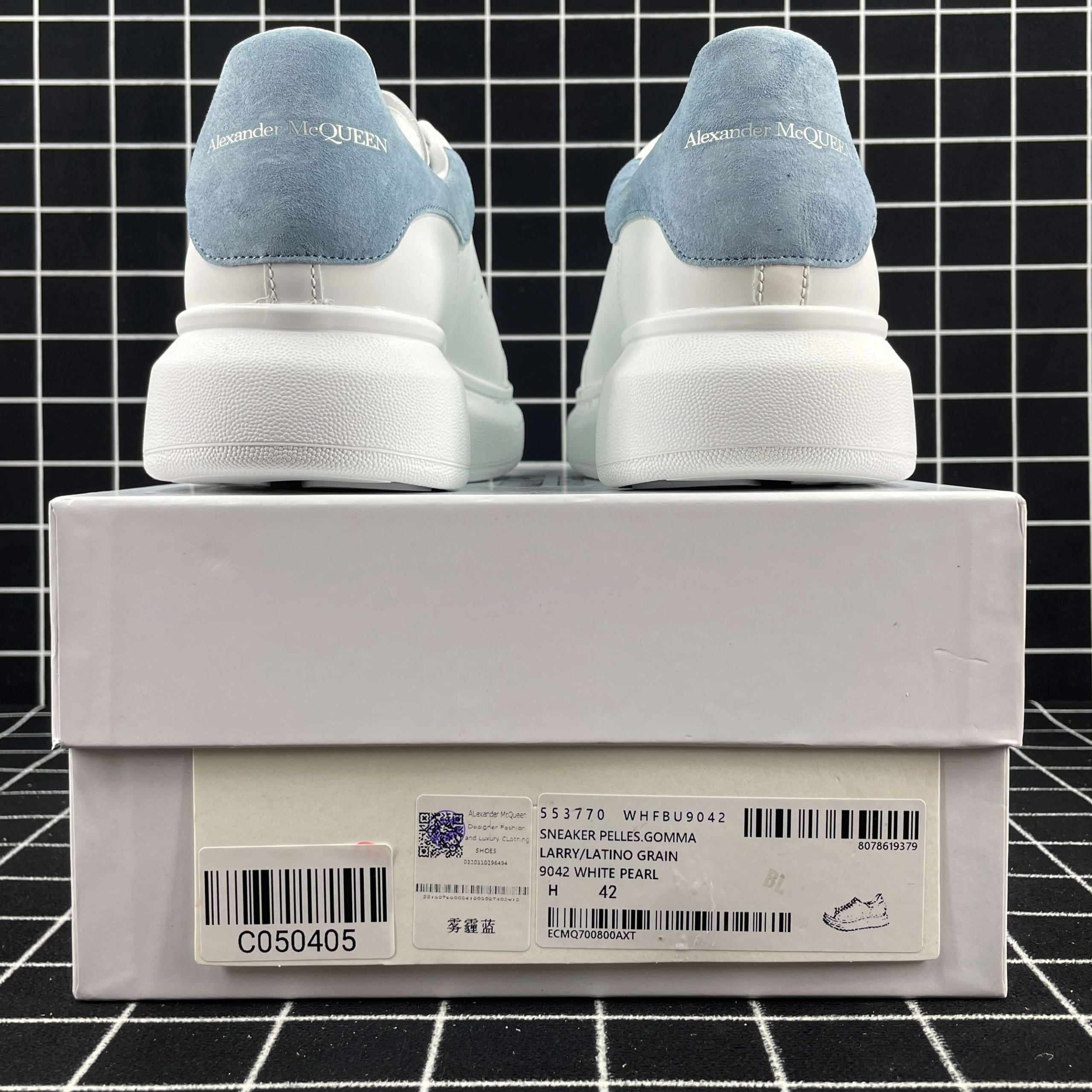 Alexander McQueen Oversized Sneaker White Smooth Calf Leather with Dream Blue Suede Heel Replica