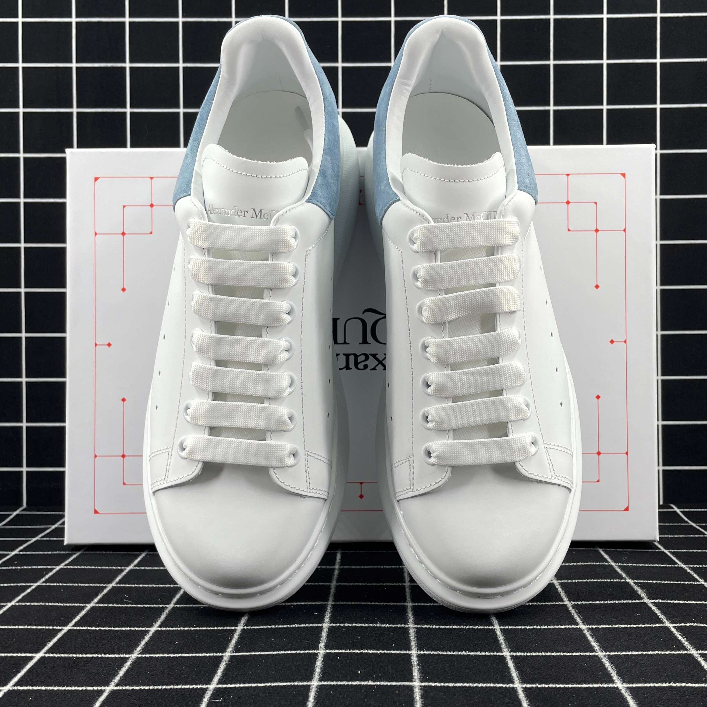 Alexander McQueen Oversized Sneaker White Smooth Calf Leather with Dream Blue Suede Heel Replica