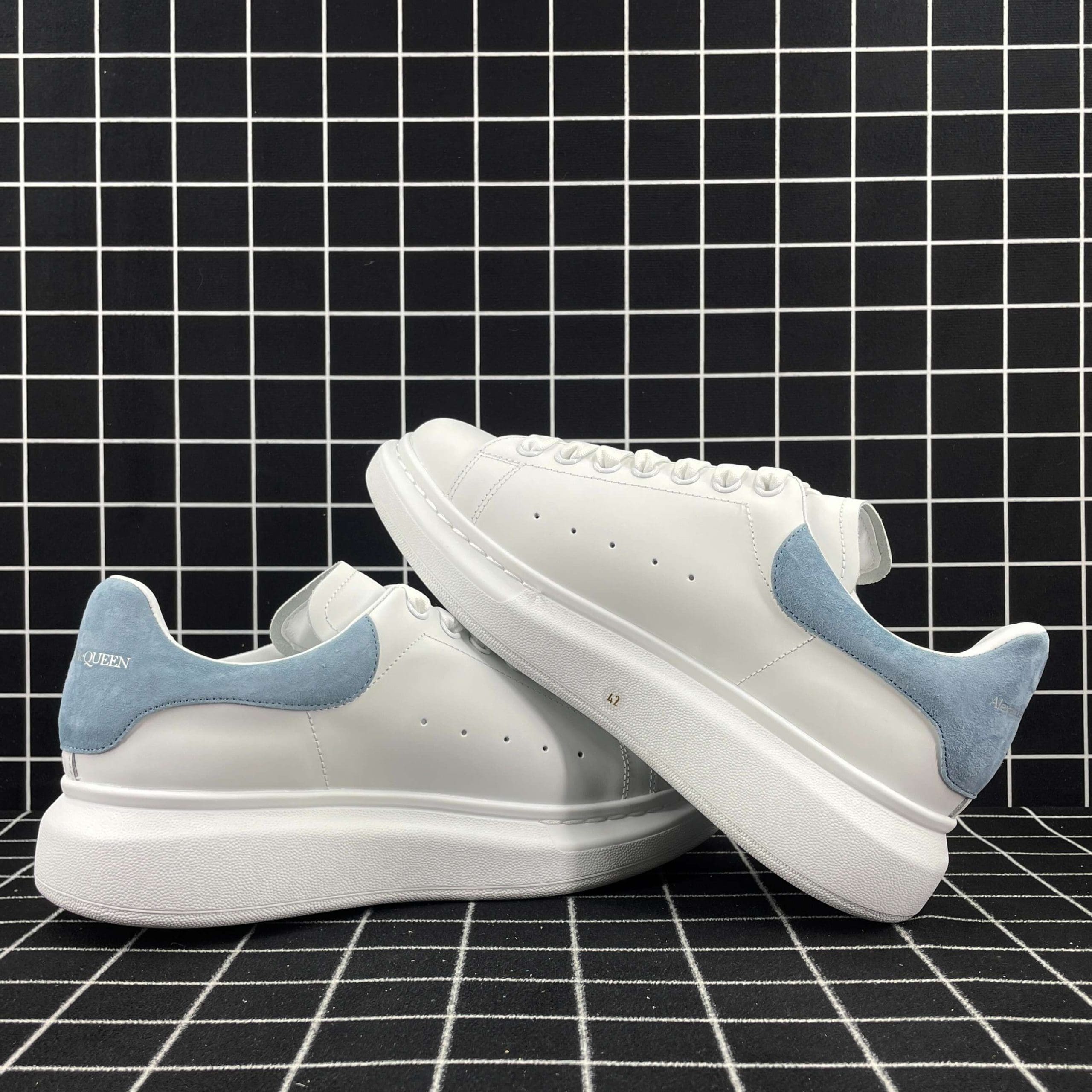 Alexander McQueen Oversized Sneaker White Smooth Calf Leather with Dream Blue Suede Heel Replica
