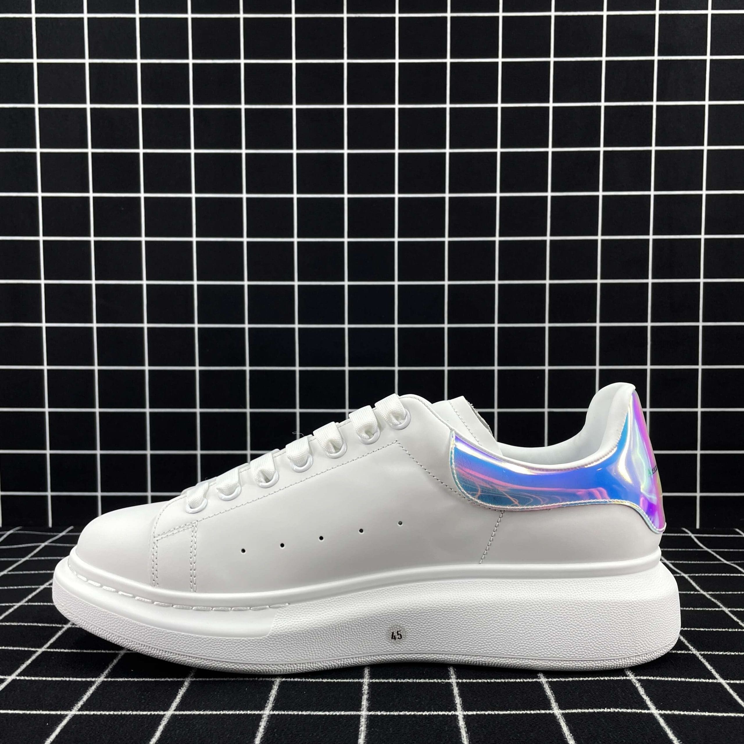 Alexander McQueen Oversized Sneaker White Smooth Calf Leather with Pearlescent Shock Pink Heel Replica