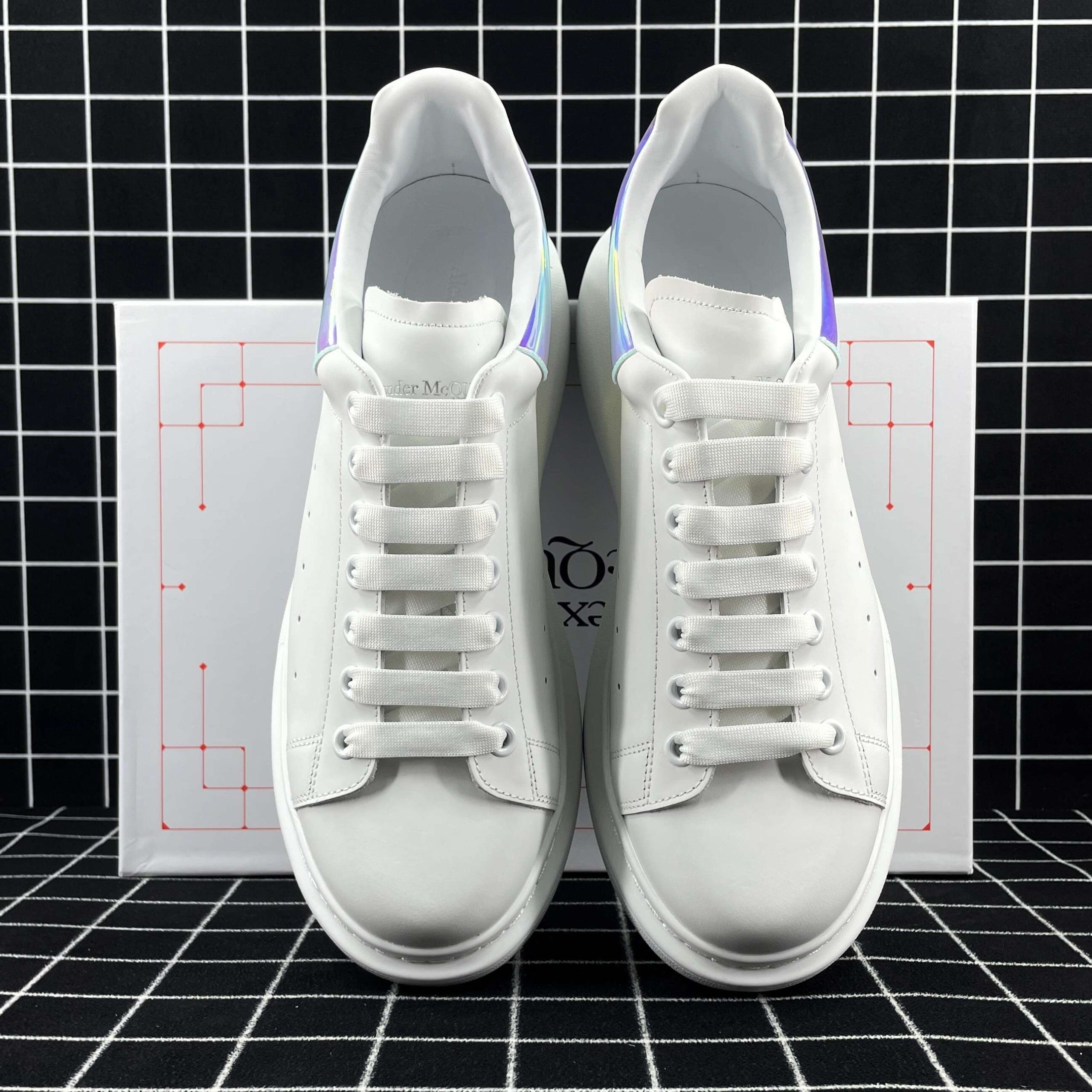 Alexander McQueen Oversized Sneaker White Smooth Calf Leather with Pearlescent Shock Pink Heel Replica