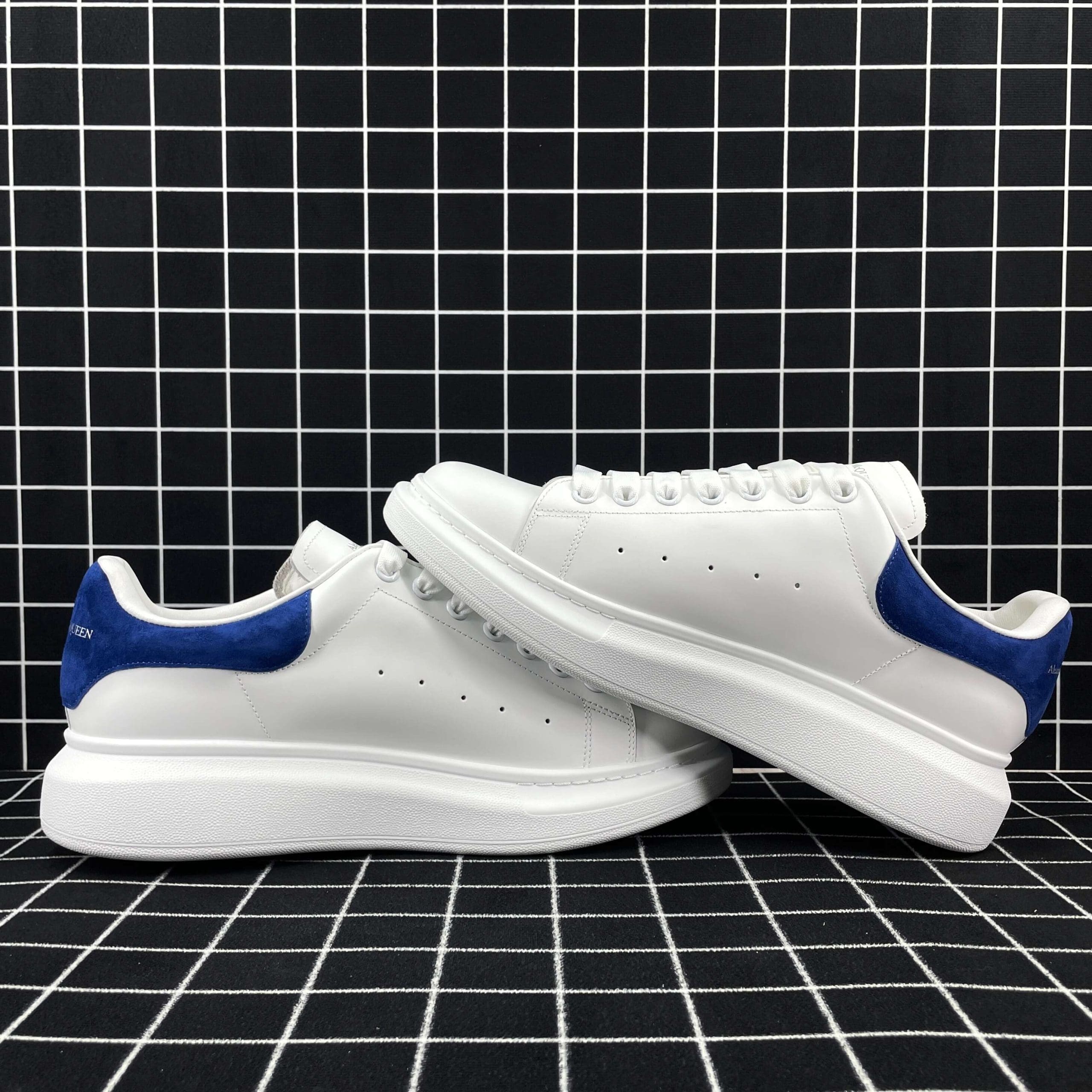 Alexander McQueen Oversized Sneaker White Smooth Calf Leather with Worker Blue Suede Heel Replica