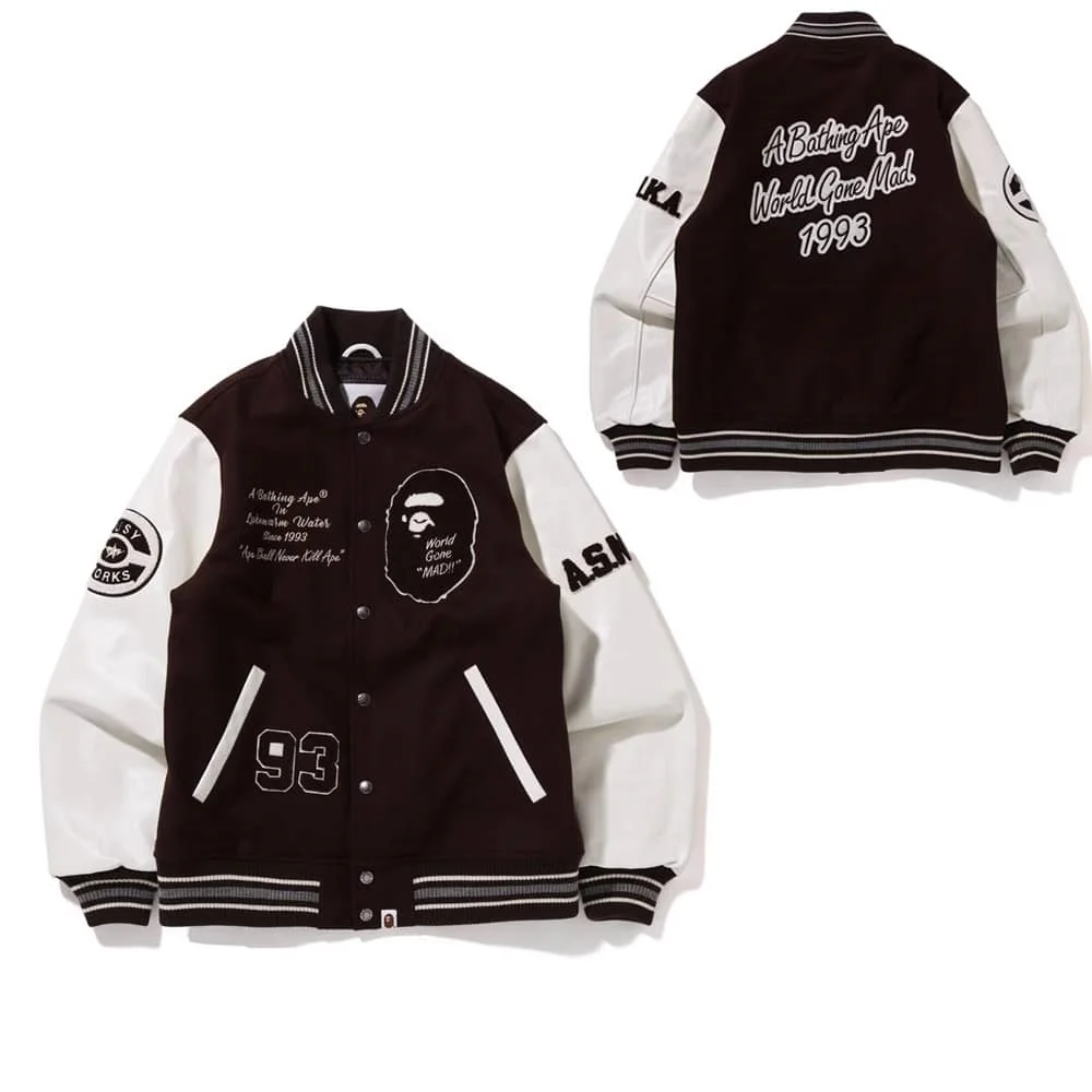 APE Embroidered Velveteen Letter Owl Pilot PU Sleeve Bomber Jacket Men Style 18