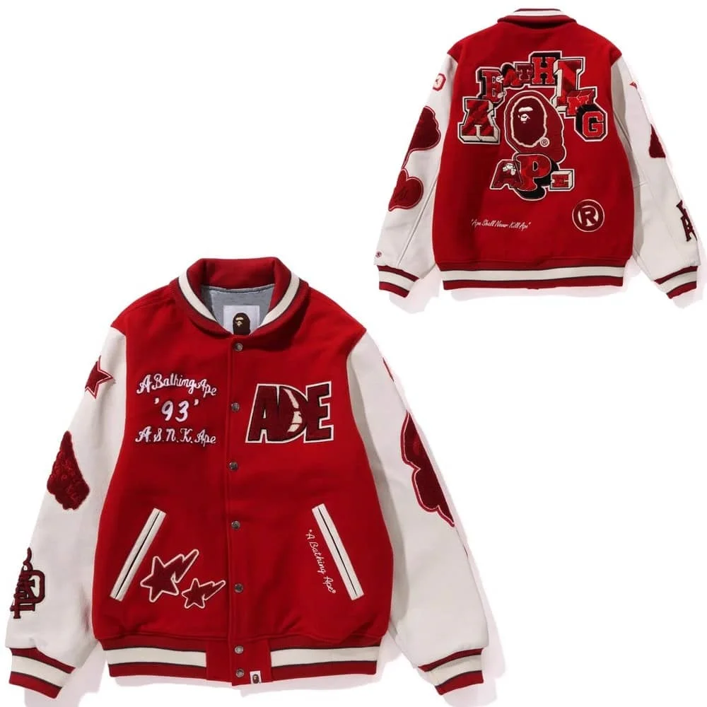 APE Embroidered Velveteen Letter Owl Pilot PU Sleeve Bomber Jacket Men Style 6