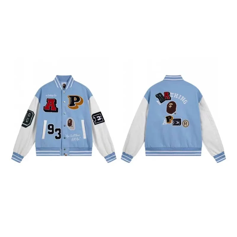 APE Embroidered Velveteen Letter Owl Pilot PU Sleeve Bomber Jacket Men Style 9