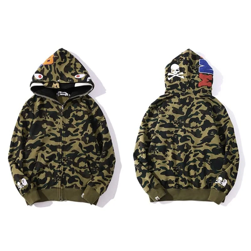 APE Shark Glow Spot Camo Double Hoodie Unisex Fleece Autumn Winter Jacket Style 37