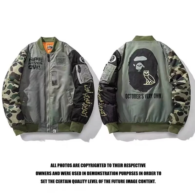 APE Shark Mouth Owl Pilot Edition Bomber Jacket Camo Baseball Cotton Jacket Unisex