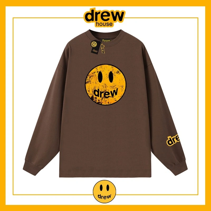 Drew House Distressed Smiley Print Long Sleeve T-Shirt Unisex Cotton Style 5