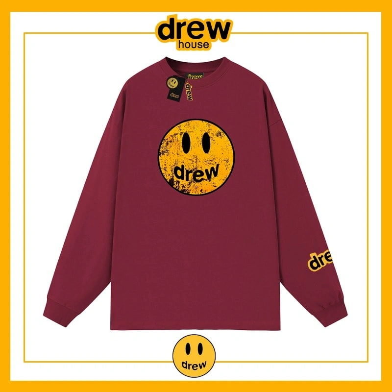 Drew House Distressed Smiley Print Long Sleeve T-Shirt Unisex Cotton Style 6