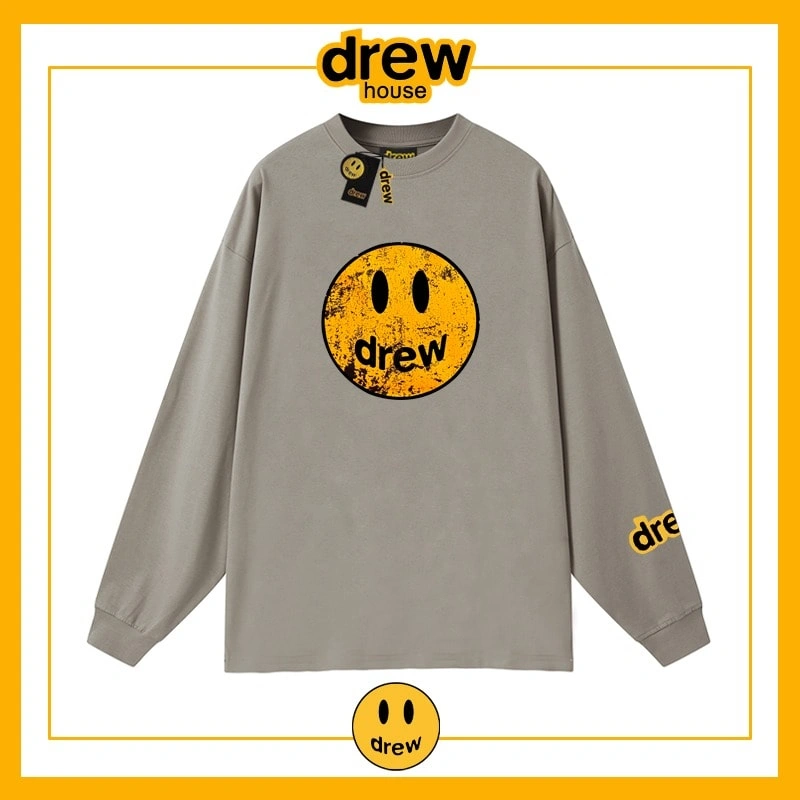 Drew House Distressed Smiley Print Long Sleeve T-Shirt Unisex Cotton Style 8