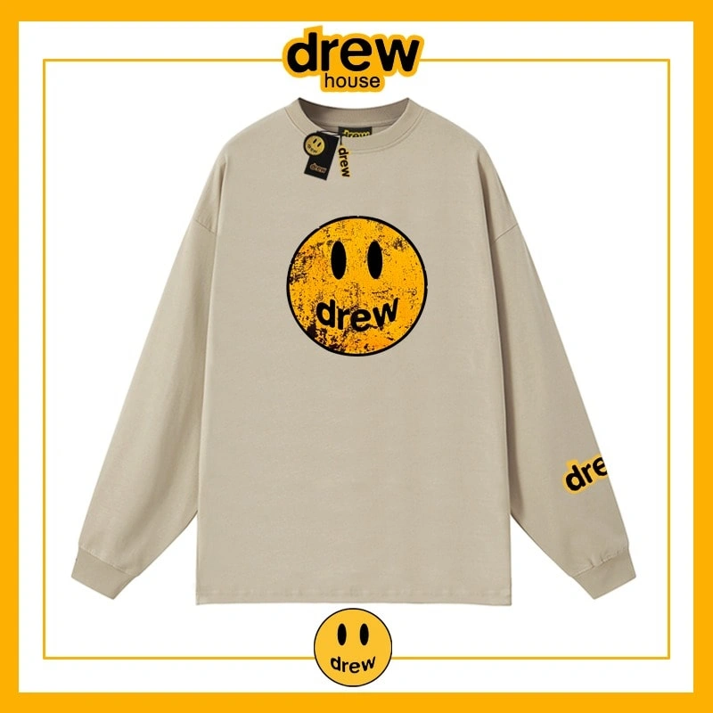 Drew House Distressed Smiley Print Long Sleeve T-Shirt Unisex Cotton Style 9