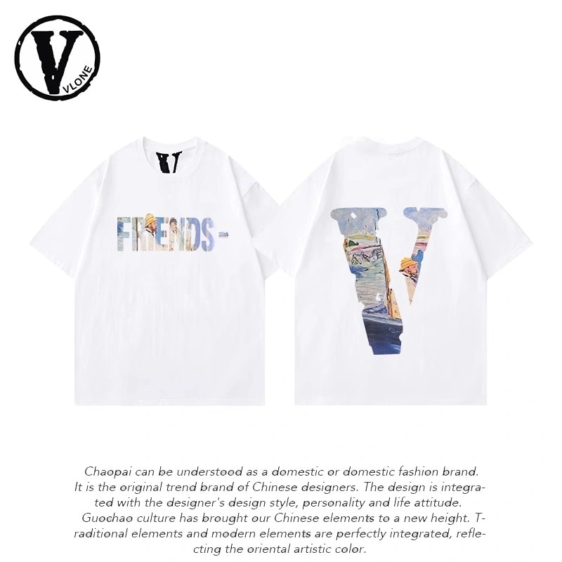 Vlone Orval Big V Pure Color Short Sleeve T-Shirt American Casual Loose Trend Couple Cotton Summer