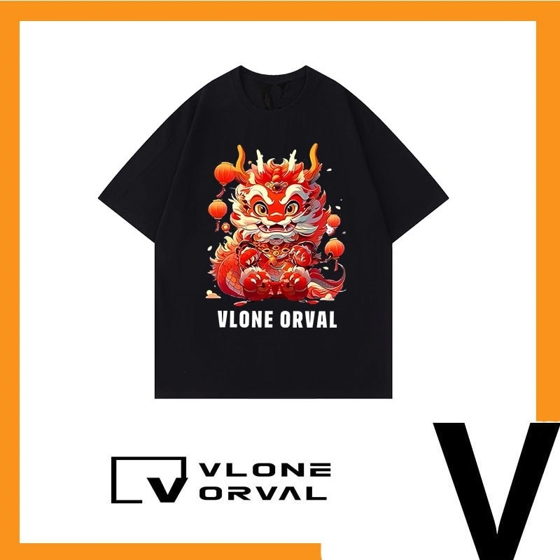 Vlone Orval Dragon Year Zodiac Heavyweight Cotton Short Sleeve T-Shirt American Loose Summer Couple Style 1