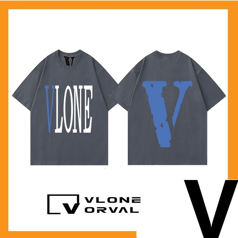 Vlone Orval Solid Blue Big V Short Sleeve Cotton Couple T-Shirt Street Summer Style 4