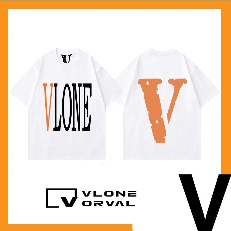 Vlone Orval Solid Orange Big V Short Sleeve Cotton T-Shirt Men Couple Street Trend Summer