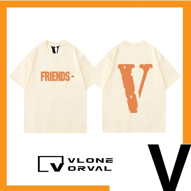 Vlone Orval Solid Orange Big V Short Sleeve Cotton T-Shirt Unisex Couple Street Trend Style 4