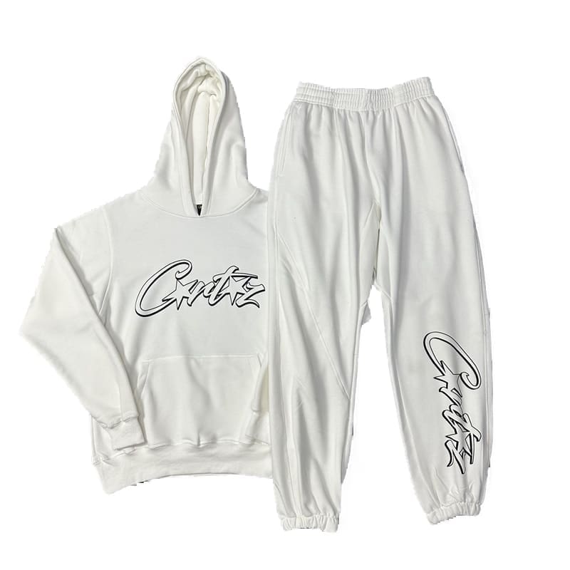 Corteiz Devil Island Letter Print Fleece-Lined Sweatshirt and Sweatpants Set for Men and Women