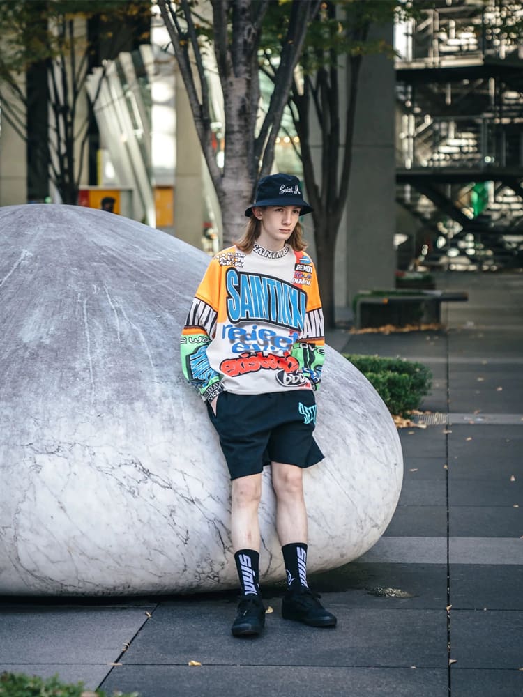 Saint of Michael Graffiti Cotton Wide Round Neck Long Sleeve T-Shirt for Men