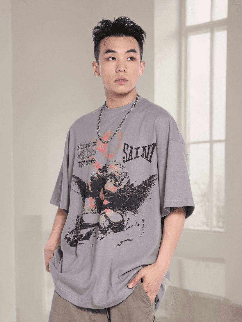 Saint Michael Letter Embroidery Vintage Short Sleeve T-Shirt Heavy Style