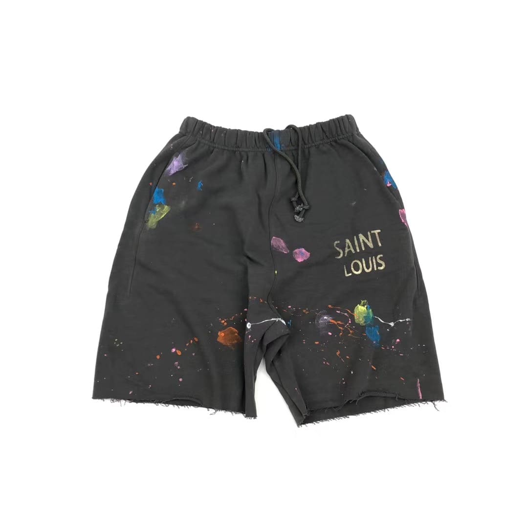 saint L**is graffiti paint-splattered casual dirty retro shorts men’s fashion