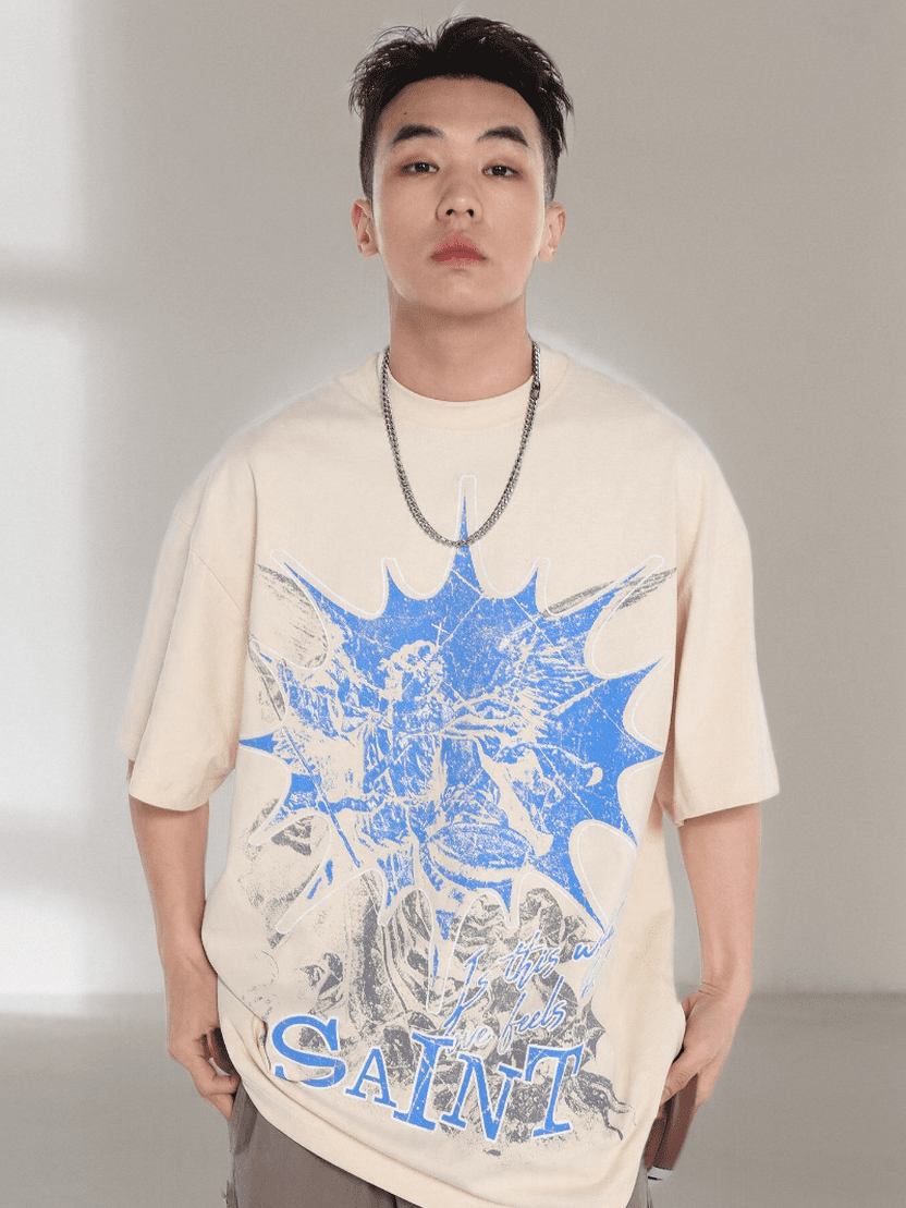 Saint Michael Letter Embroidery Vintage Short Sleeve T-Shirt Heavy Style