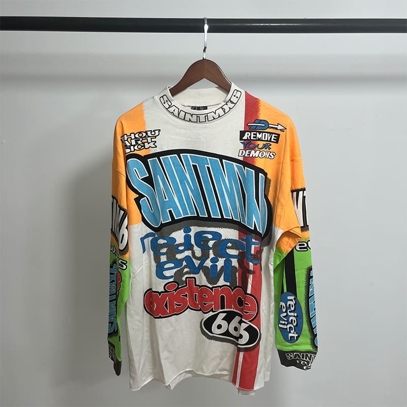 Saint Michael American-Style Distressed Long-Sleeved T-Shirt for Men and Women