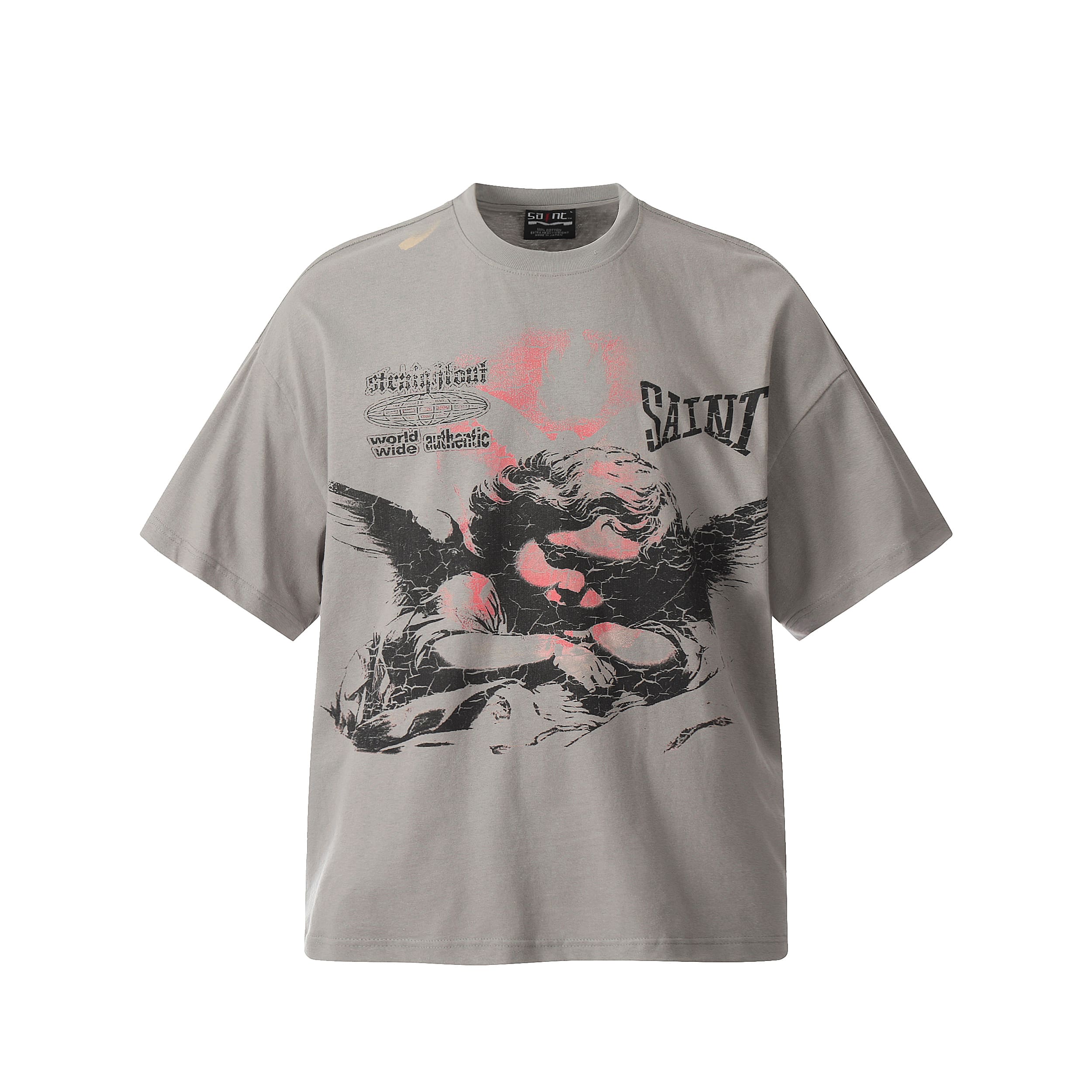 Saint Michael Letter Embroidery Vintage Short Sleeve T-Shirt Heavy Style