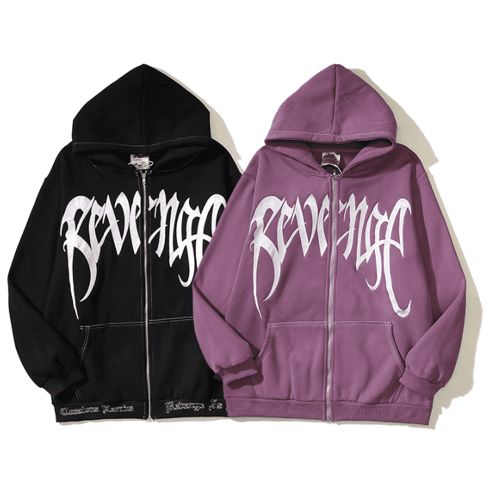 Revenge Needle Embroidered Hooded Zipper Fleece Sweater for Men and Women