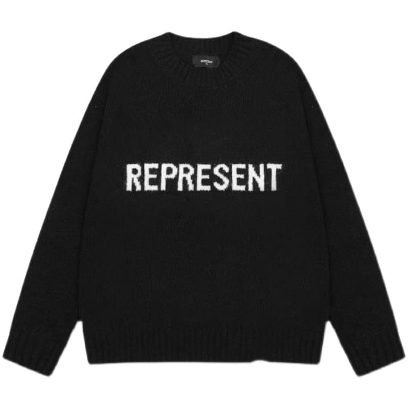 Represent Classic Letter Jacquard Pullover Loose Sweater for Men and Women