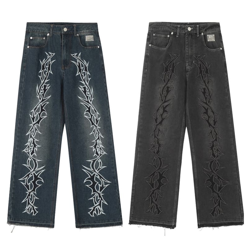 Revenge Embroidered Logo High Street Loose Tassel Denim Trousers for Men