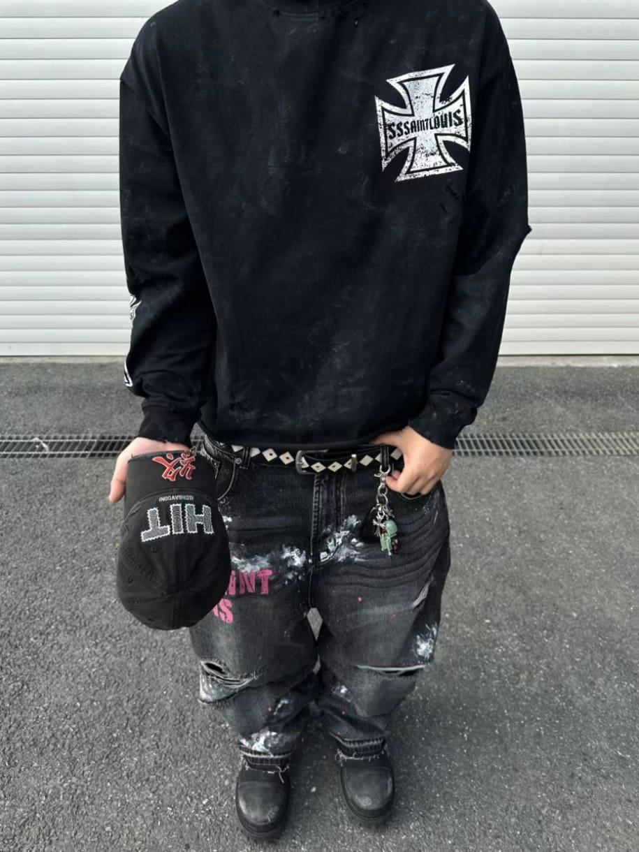 saint L**is long sleeve graffiti cross star t-shirt street fashion