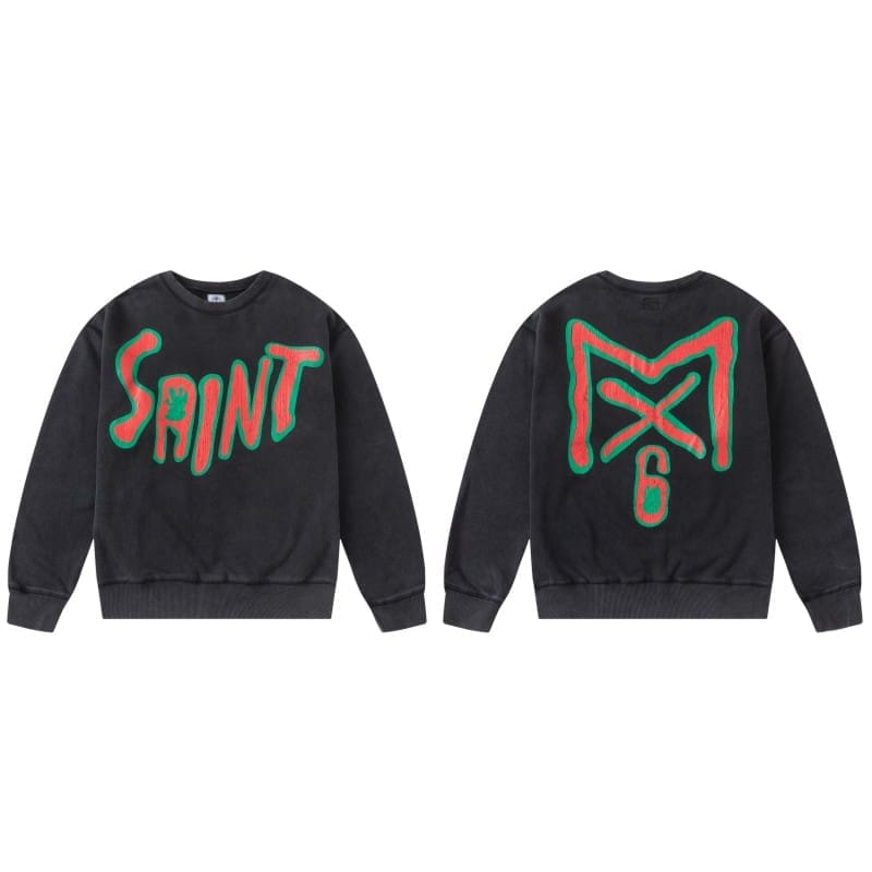 Saint Michael Retro Round Neck Sweater Thick Long Sleeve Top for Men and Women