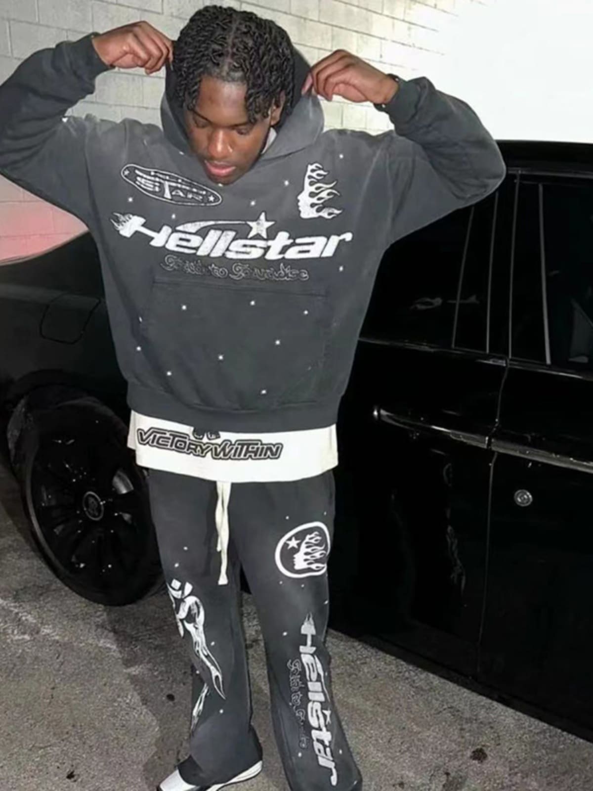 H*lst*r studios flare flame hoodie and trousers stitching sweater suit