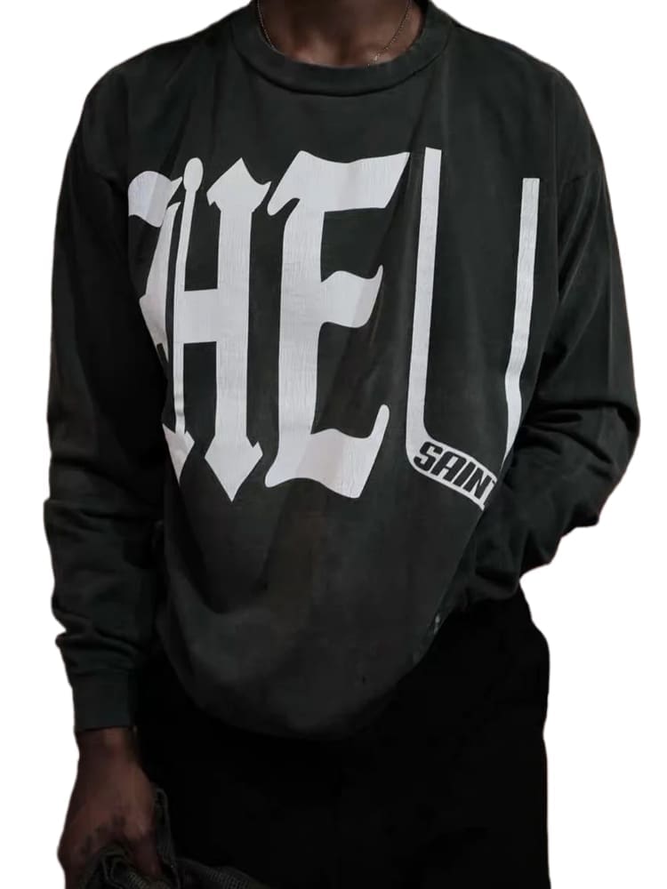 Saint Michael Ripped Letter-Print Retro Crew Neck Sweater for Men and Women