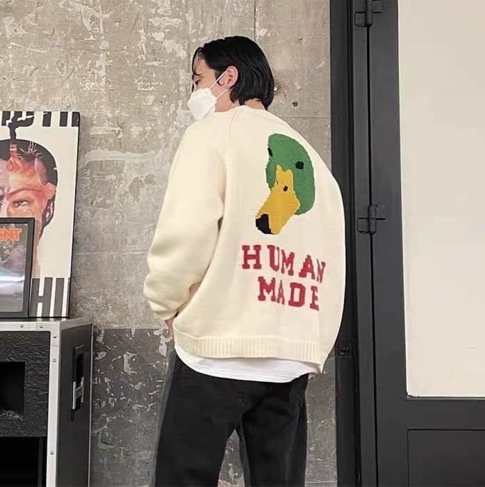 Human Made Cartoon Jacquard Sweater Niche Trendy Round Neck for Couples