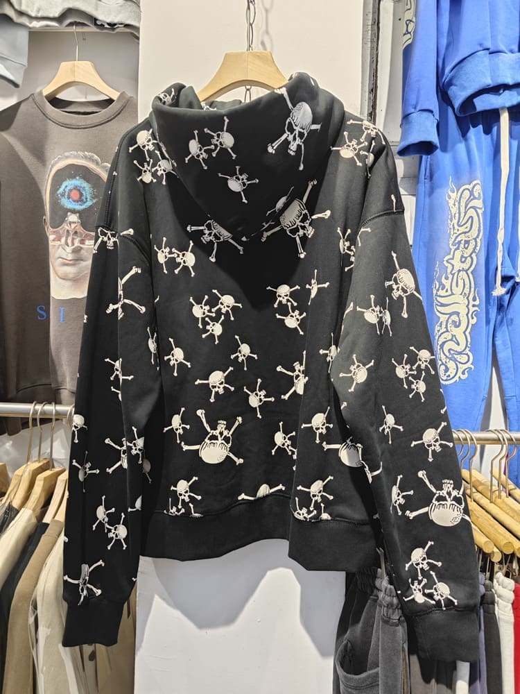 Saint Michael Skull Print Retro Fleece-Lined Hooded Sweatshirt and Sweatpants Suit