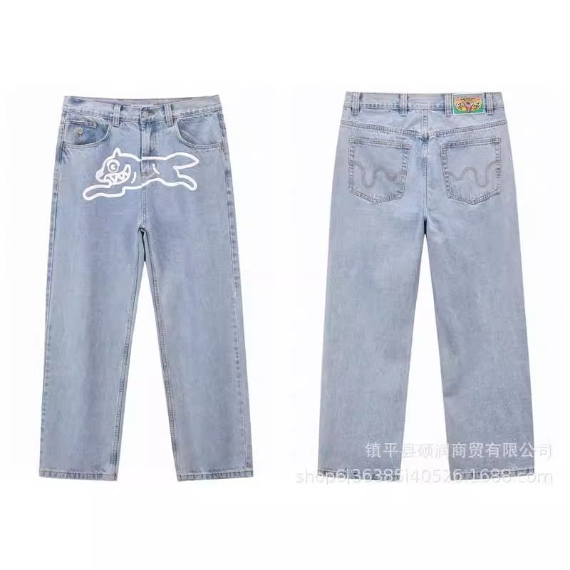 ICECREAM Flying Dog Print Wide Leg Denim Trousers for Men and Women