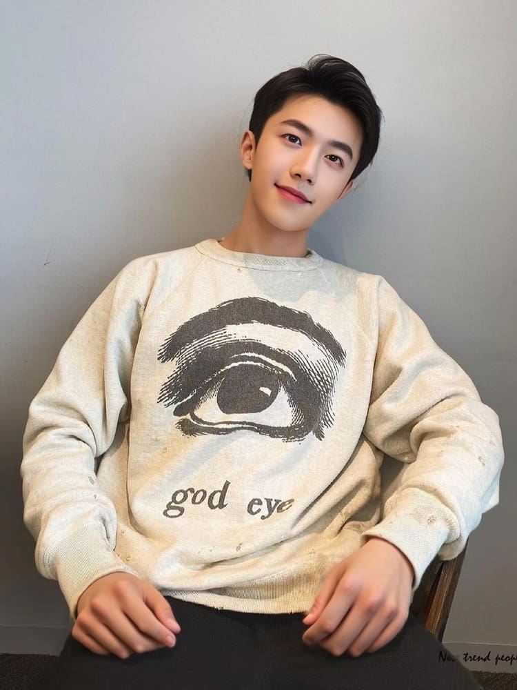 Saint Michael Eye of Soul Retro Fleece-Lined Crew Neck Sweater for Men and Women