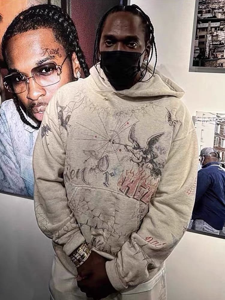 Saint Michael Angel Devil Hand-Painted Retro Velvet Hooded Sweatshirt for Men