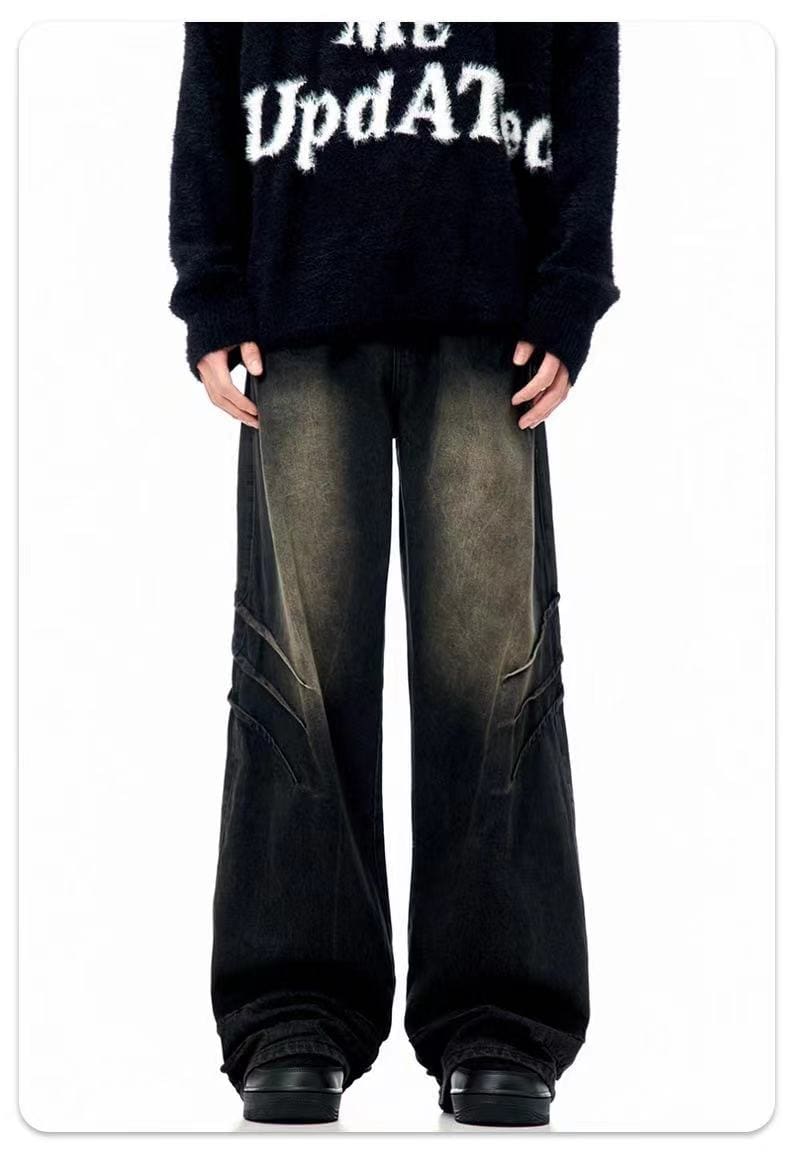 Vujade style washed distressed Vintage jeans wide leg men’s and women’s same American style loose vibe trousers