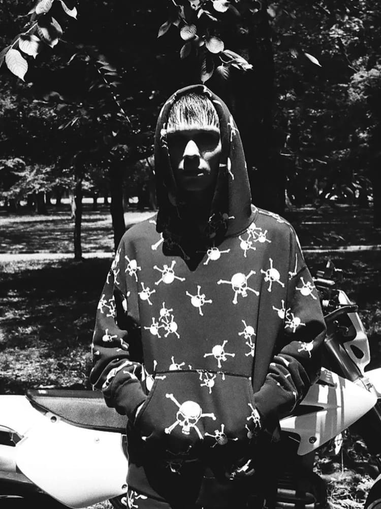 Saint Michael Skull Print Retro Fleece-Lined Hooded Sweatshirt and Sweatpants Suit