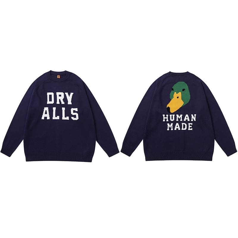 Human Made Cartoon Jacquard Sweater Niche Trendy Round Neck for Couples