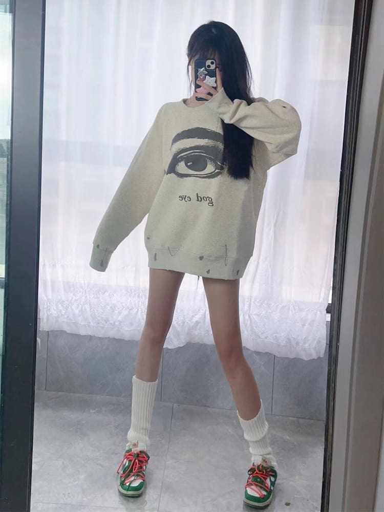 Saint Michael Eye of Soul Retro Fleece-Lined Crew Neck Sweater for Men and Women