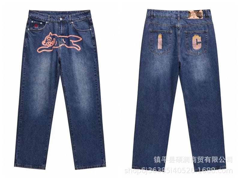 ICECREAM Flying Dog Print Wide Leg Denim Trousers for Men and Women