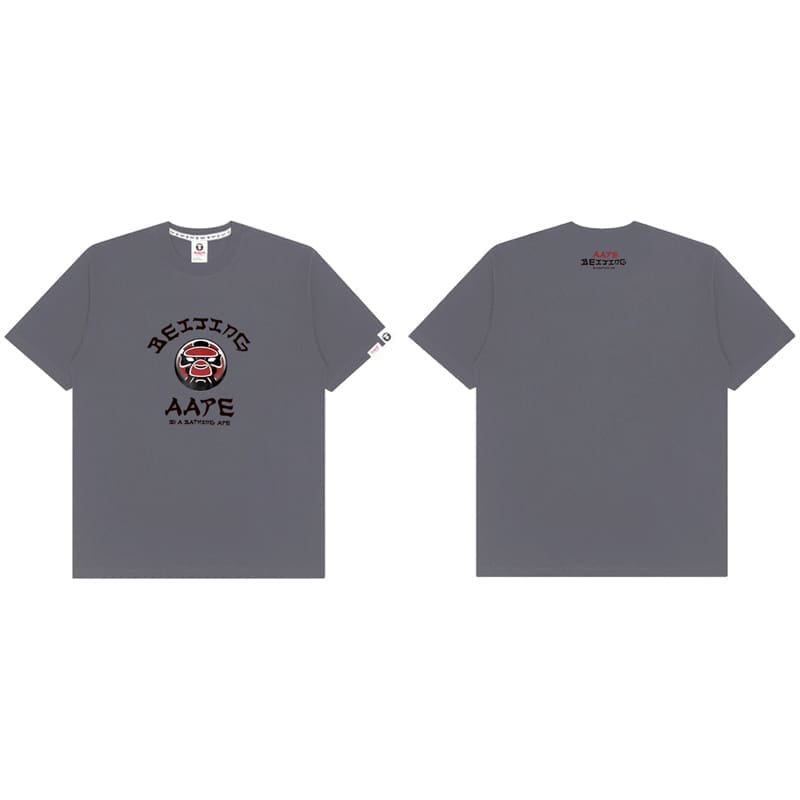 Aape Badge Print Short Sleeve T-Shirt Letter Ape Head Design for Men and Women