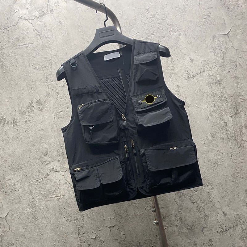 Stone Island V-Neck Multi-Pocket Workwear Vest Zipper Mesh Waistcoat