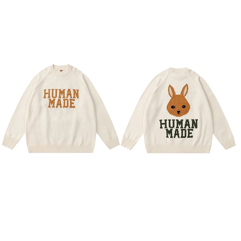 Human Made Cartoon Jacquard Sweater Niche Trendy Round Neck for Couples