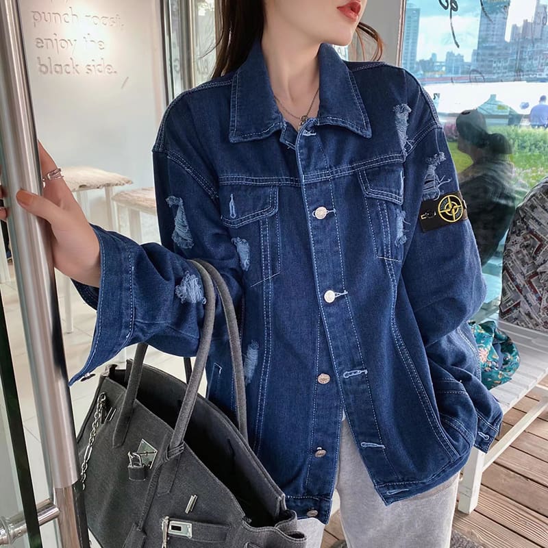 Stone Island Ripped Denim Jacket Retro Washed Casual Long Sleeve for Men and Women