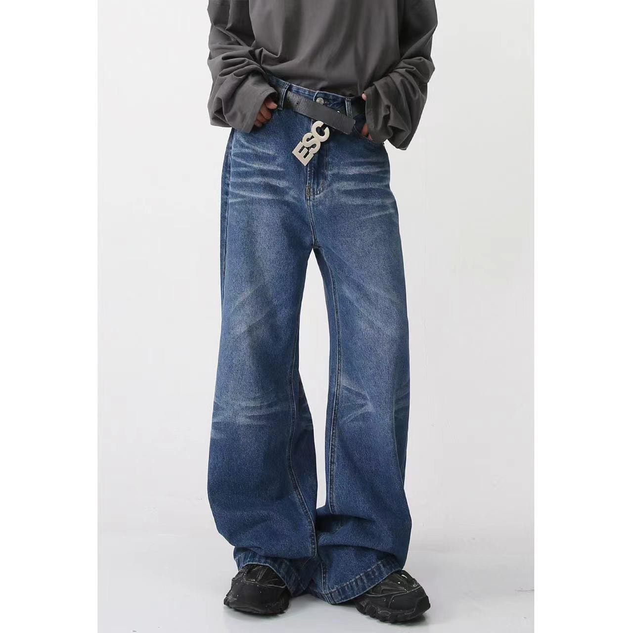 Vujade style washed distressed Vintage jeans wide leg men’s and women’s same American style loose vibe trousers